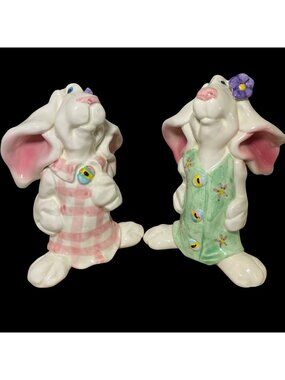 Set Of 2 Vintage Ceramic Bunny Figurines in Pink & Green Dresses with Floral Acc